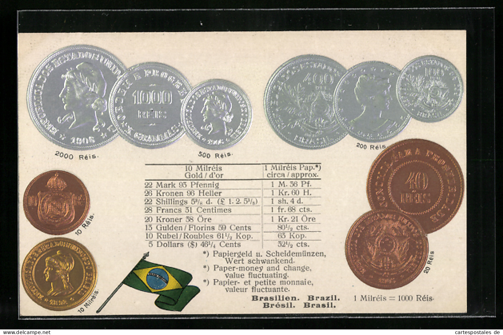 AK Brasilien, Münz-Geld, Wechselkurstabelle, Nationalflagge  - Münzen (Abb.)