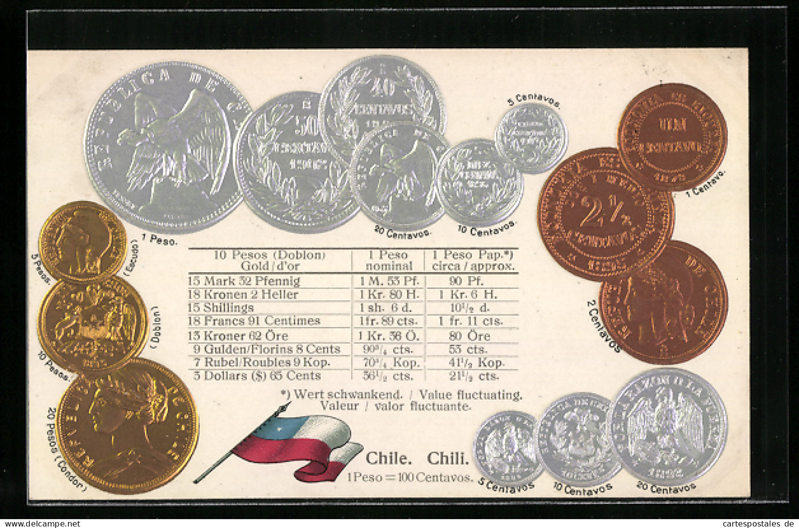 AK Chile, Währungstabelle, Geldmünzen Und Nationalflagge  - Monnaies (représentations)