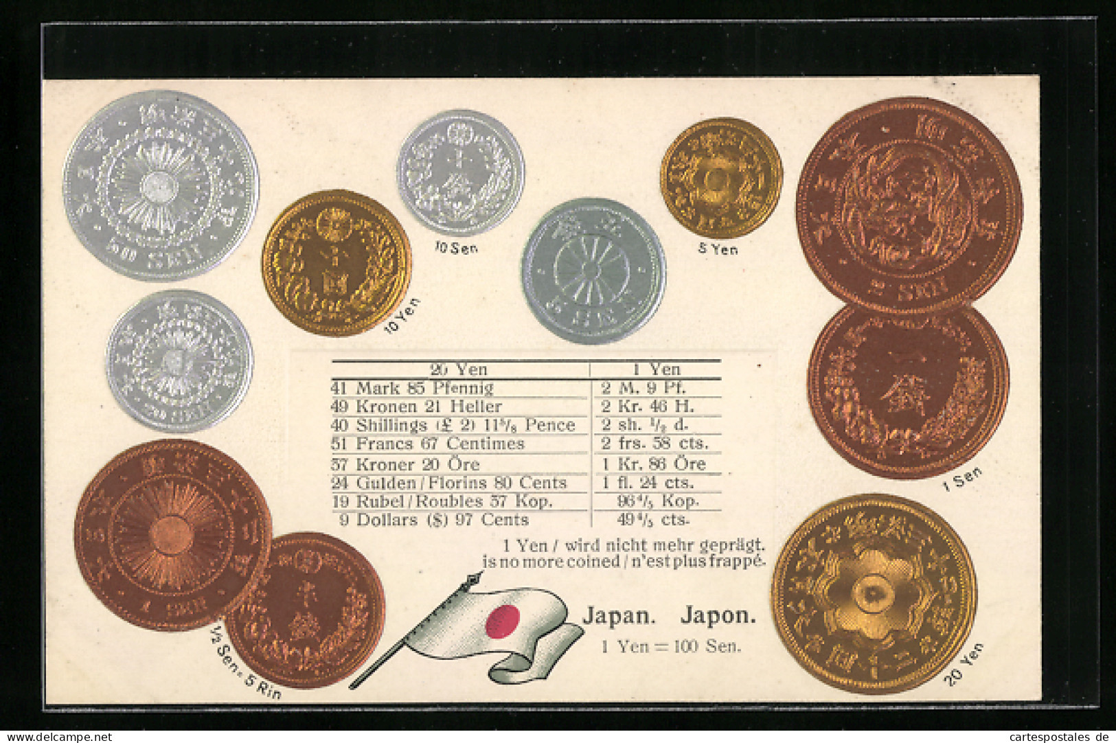 AK Japan, Währungstabelle, Geldmünzen Und Nationalflagge  - Monnaies (représentations)