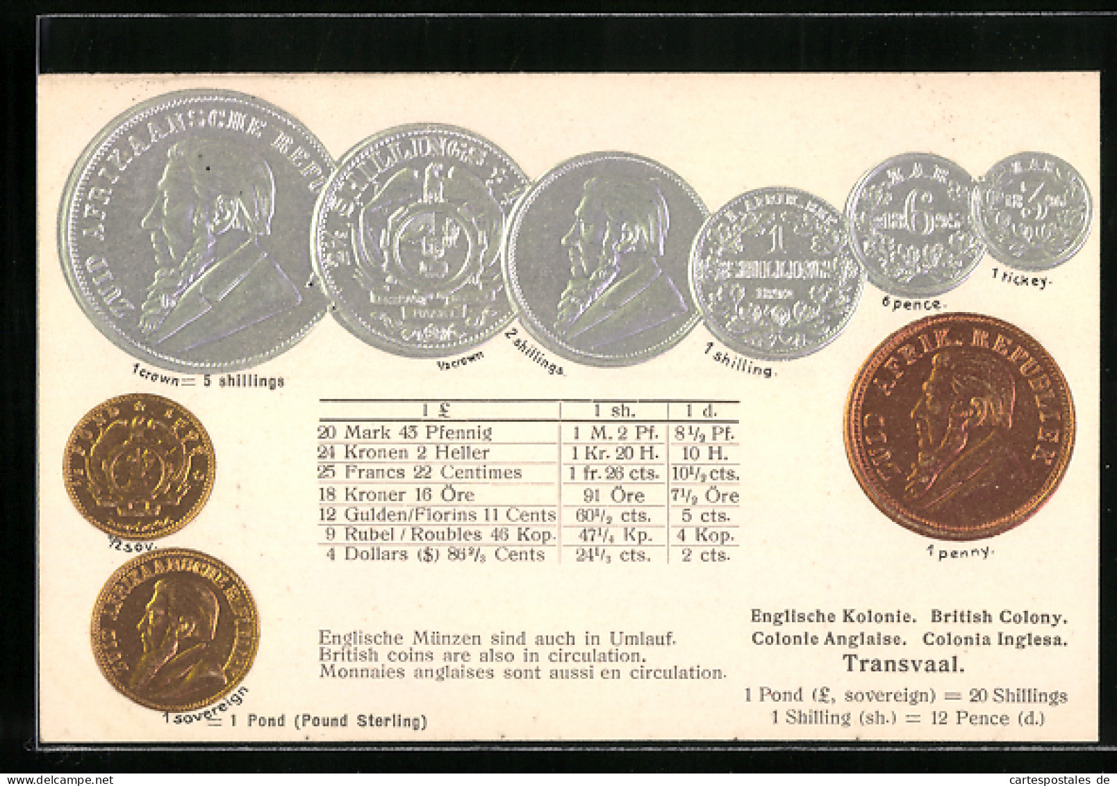 AK Englische Kolonie Transvaal, Münz-Geld, Währungstabelle  - Monnaies (représentations)
