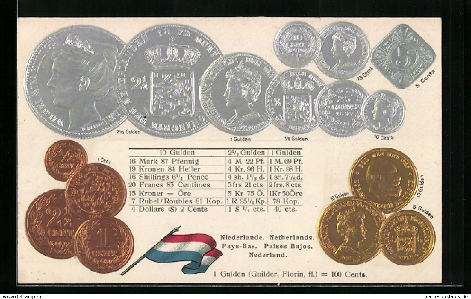 AK Geld, Niederlande, Landesflagge, Übersicht Münzen Der Landeswährung Gulden Und Cent  - Monnaies (représentations)