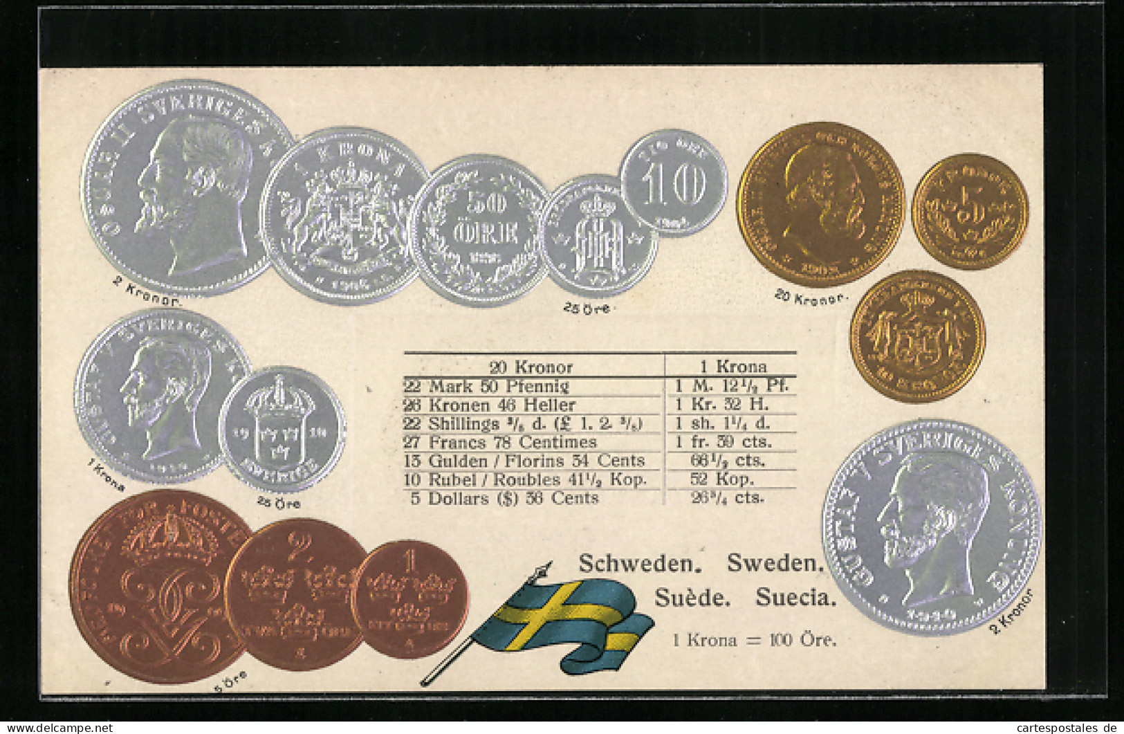 AK Verschiedene Geld-Münzen Von Schweden, Mit Währungsumrechner Und Nationalflagge  - Monnaies (représentations)