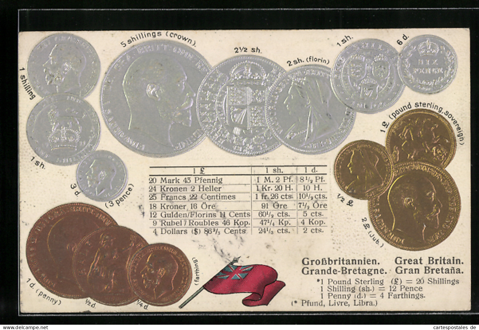 AK Grossbritannien, Münz-Geld, Währungstabelle, Nationalflagge  - Münzen (Abb.)