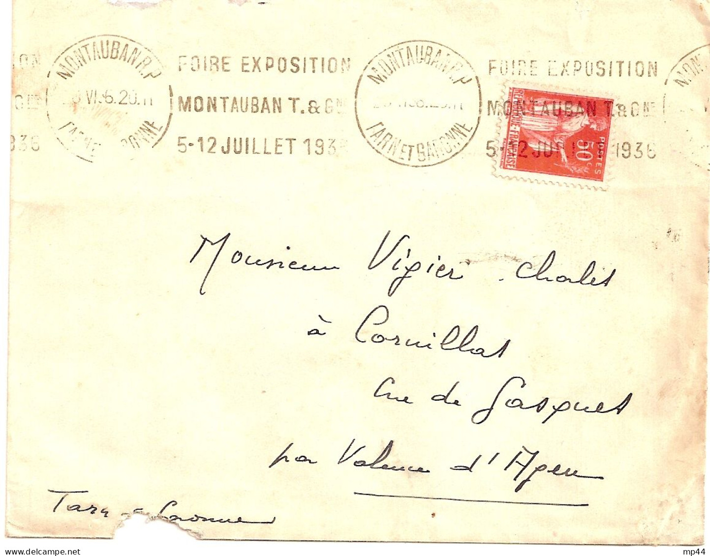 1E3 --- 82 MONTAUBAN Krag Foire Exposition 5-12 Juillet 1936 50c Paix - Mechanical Postmarks (Advertisement)