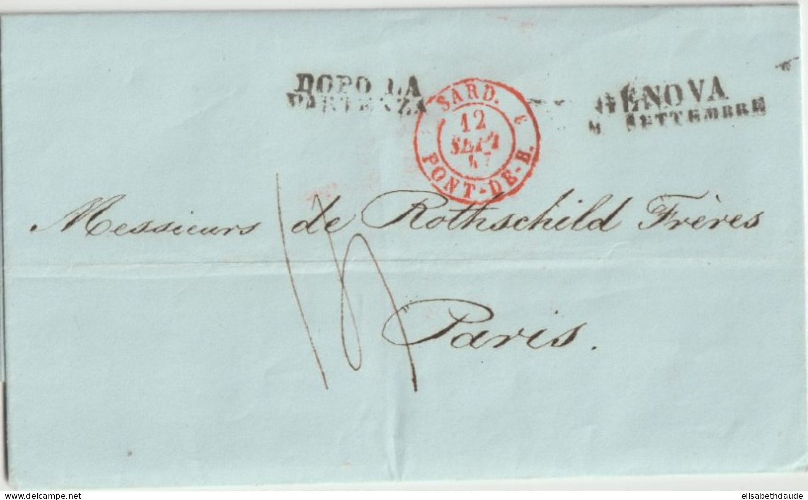 1847 - LETTRE De GENOVA "DOPO LA PARTENZA - ENTREE SARDAIGNE - SARD. 3 PONT-DE-B. ! => PARIS - Marques D'entrées