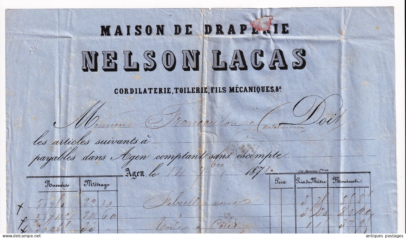 Lettre 1871 Cérès Cachet GARE d'AGEN Nelson Lacas Draperie CordilaterieToiles Lot et Garonne