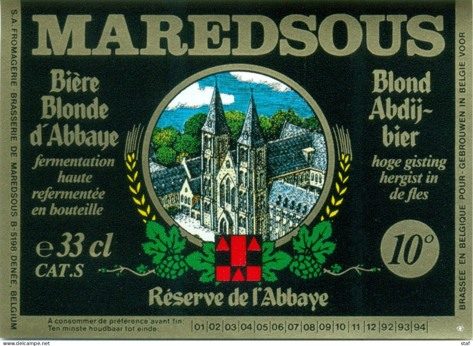 Oud Etiket Bier Maredsous Blond Abdijbier 10° - Bière Blonde D'Abbaye 10° - Brouwerij / Brasserie De Maredsous - Bière