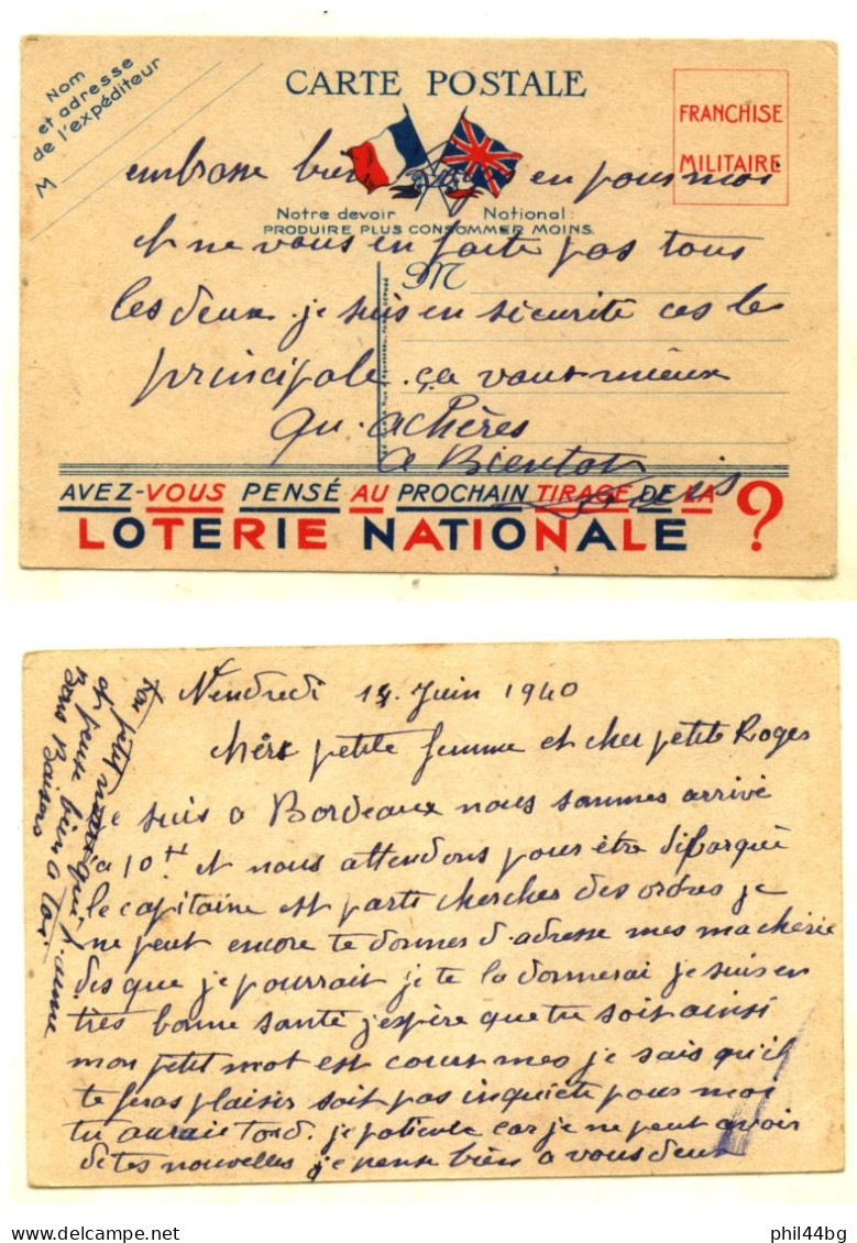 Carte Postale ‘’Franchise Militaire - Loterie Nationale’’ - Datée Du 14/06/1940 - HB - War 1939-45