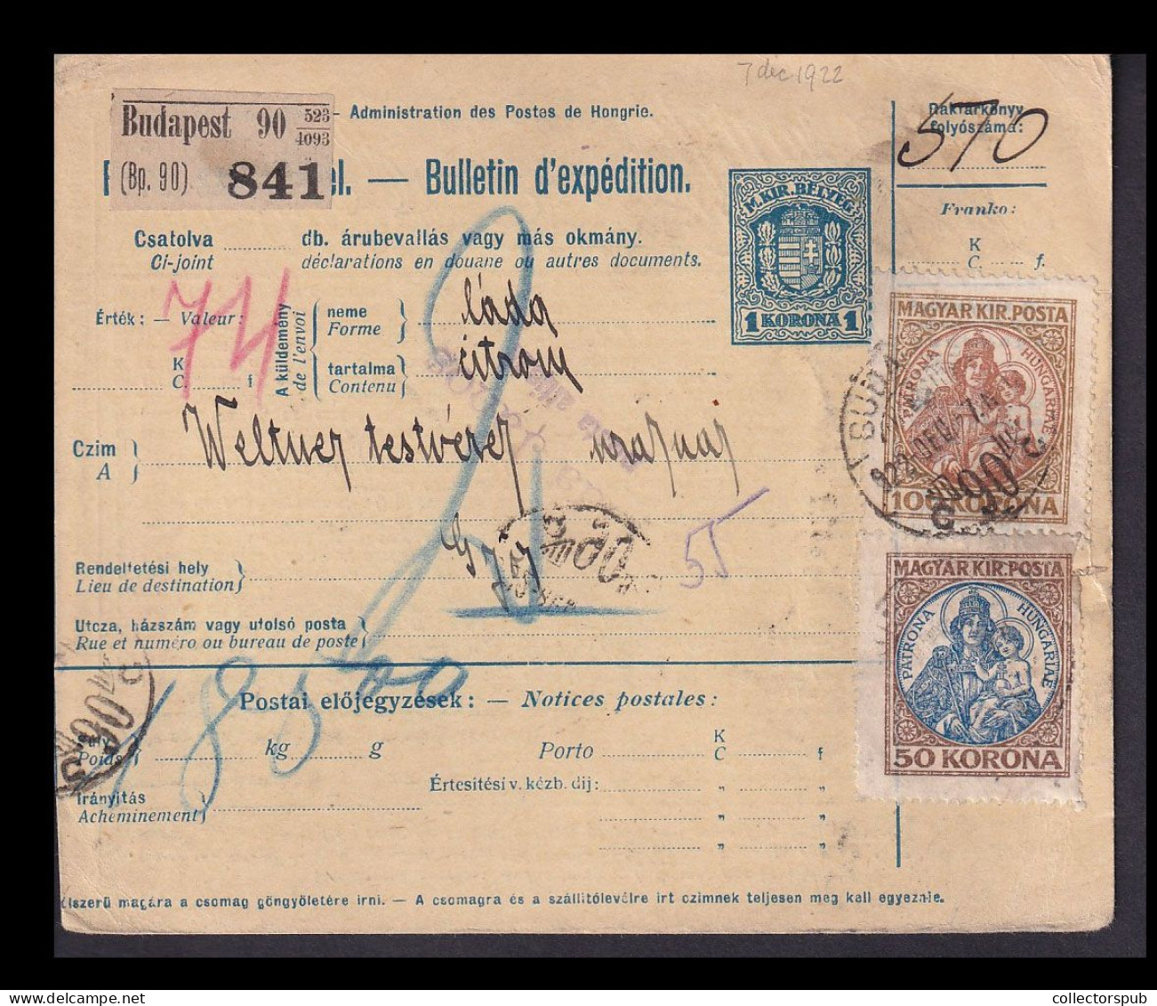 GYŐR 1922. Nice Inflation Parcel Card - Briefe U. Dokumente