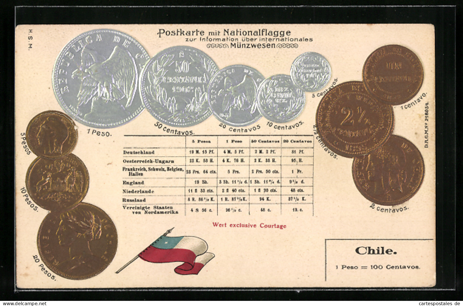 AK Chile, Geldmünzen Und Nationalfahne Des Landes  - Monnaies (représentations)