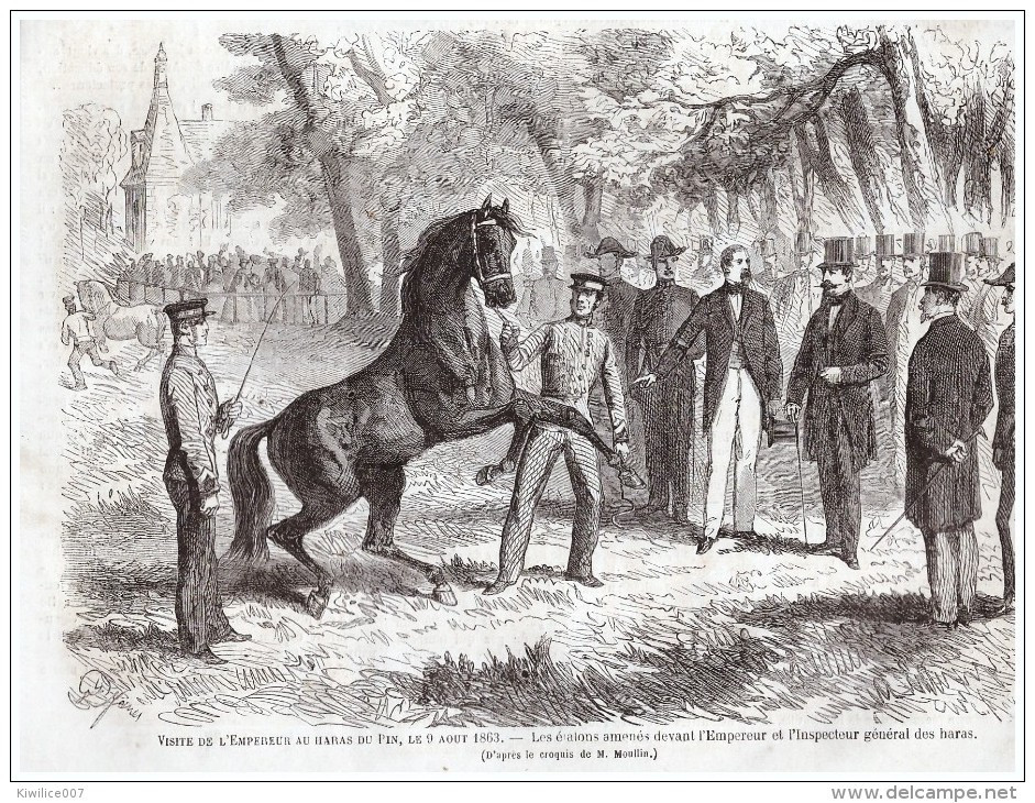 GRAVURE D Epoque  1863  Hara Haras Du Pin Elevage Chevaux équitation Visite De L Empereur Argentan - Non Classés