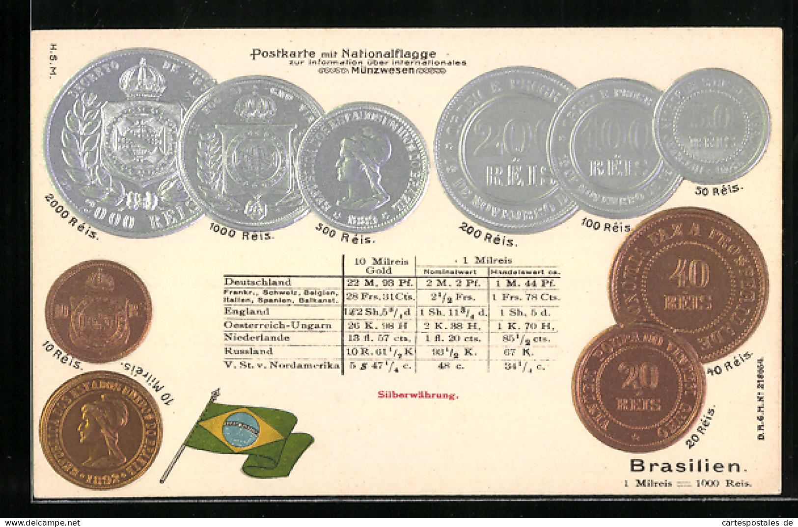 Präge-AK Brasilien, Reis Und Milreis Münzen, Nationalflagge  - Monnaies (représentations)