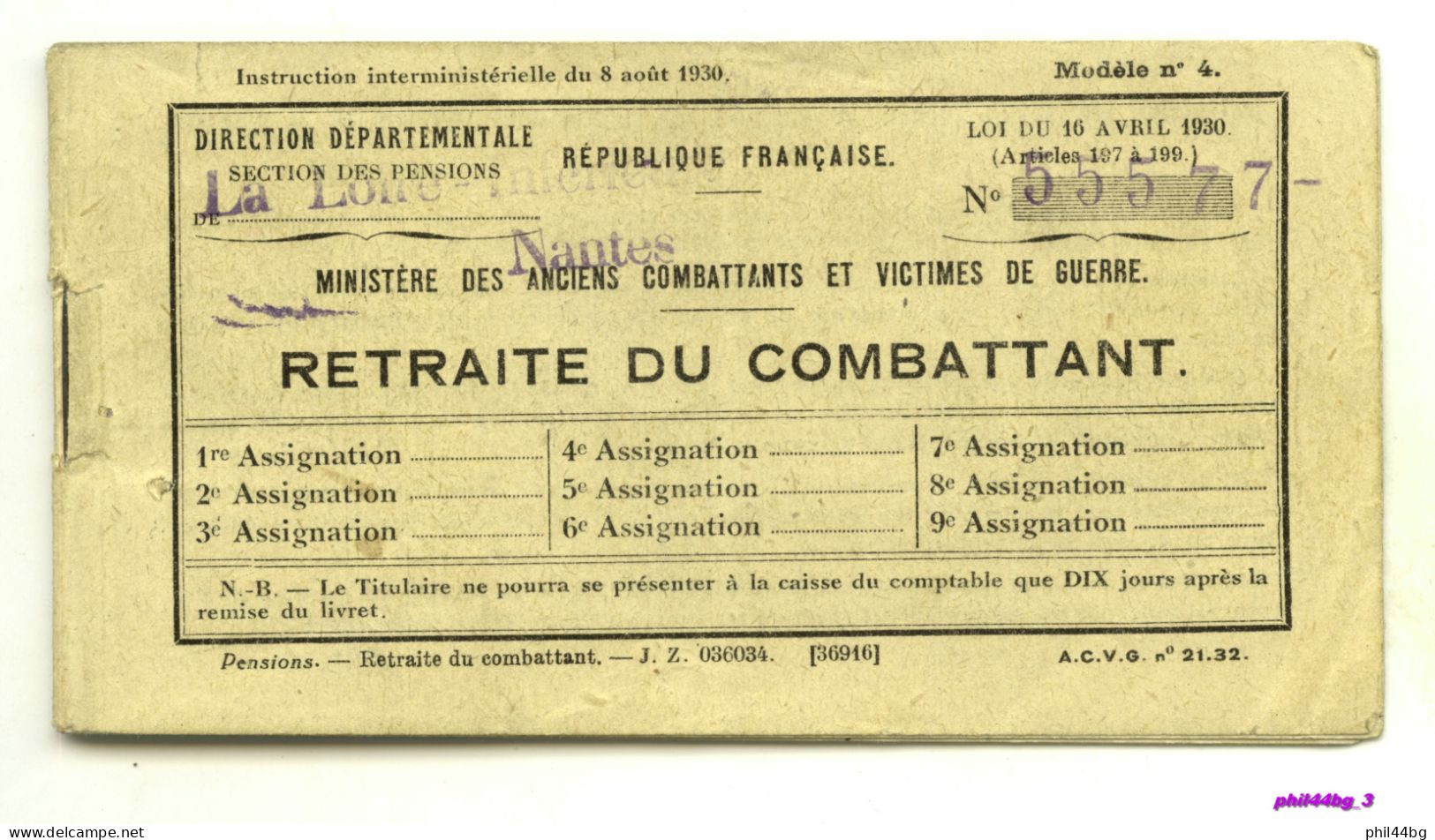 (ancien Livret) RETRAITE DU COMBATTANT Mod. N° 4 - Loire-Inférieure - 1950/1955 - HD - Documents