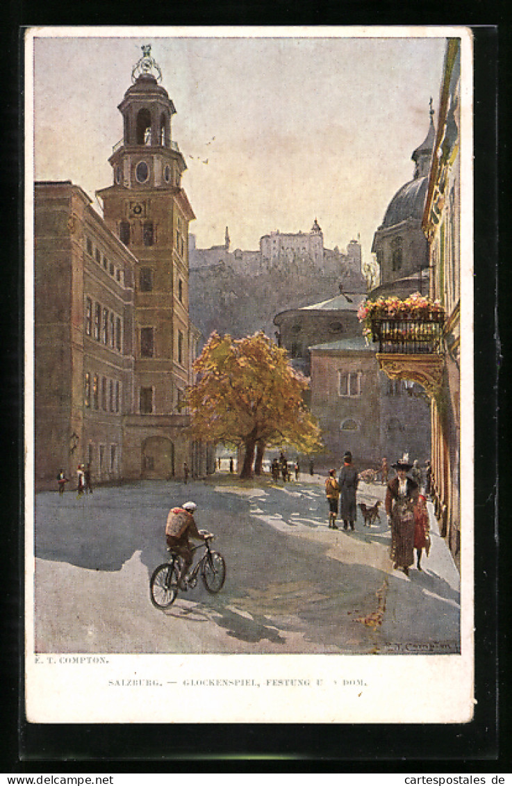 Künstler-AK Edward Theodore Compton: Salzburg, Glockenspiel Und Hauptwache Mit Radfahrer  - Compton, E.T.