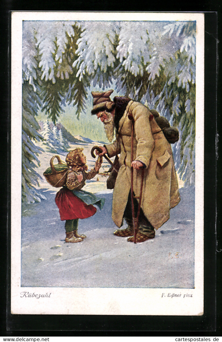 Künstler-AK Sign. F. Elssner: Rübezahl Im Schnee Mit Weberkind  - Contes, Fables & Légendes