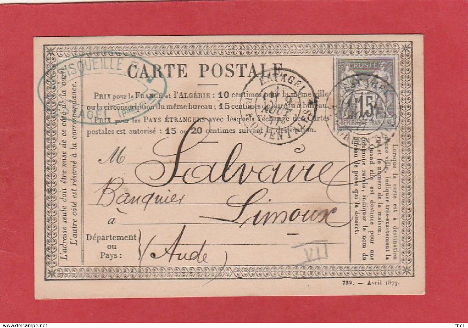 Estagel (Pyrenees Orientales) CàD Sur Type Sage  1877 Sur Carte Précurseur Vers Limoux - Cartes Précurseurs