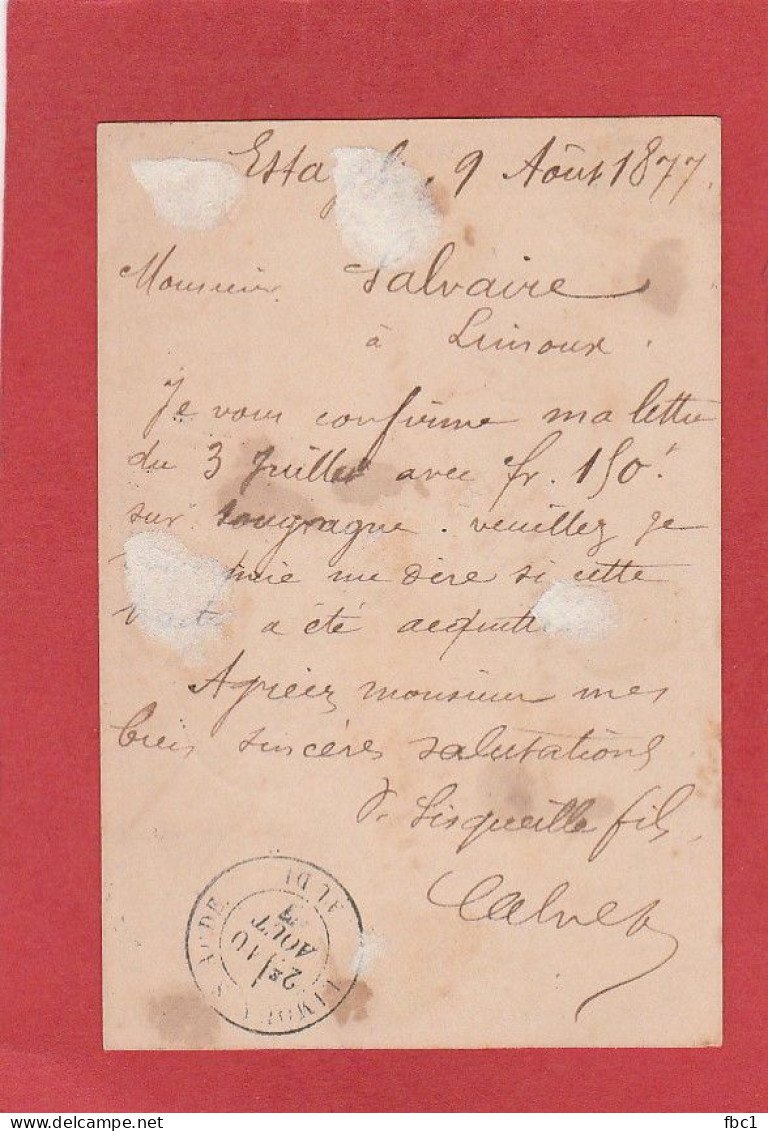 Estagel (Pyrenees Orientales) CàD Sur Type Sage  1877 Sur Carte Précurseur Vers Limoux - Cartes Précurseurs