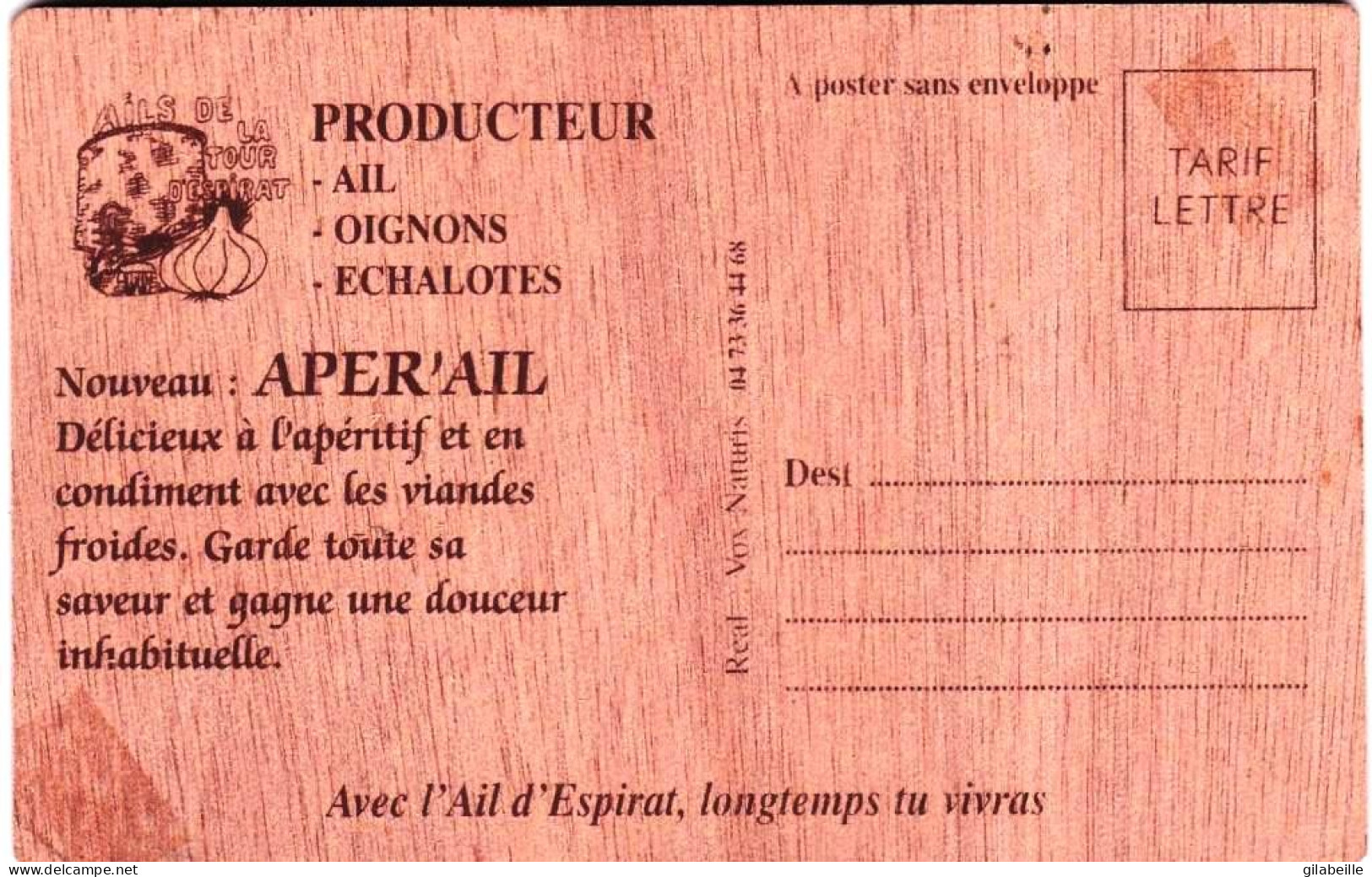 63 - Puy De Dome - ESPIRAT - Carte En Bois - Publicité Producteur Ail /oignons - Andere & Zonder Classificatie