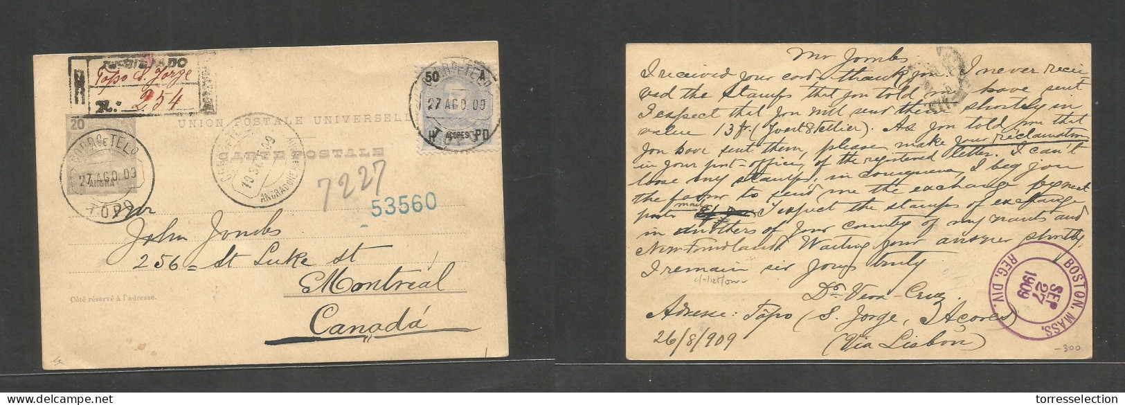 PORTUGAL-ANGRA. 1909 (27 Aug) Topo - Canada, Montreal Via Angra - Boston, Mass (27 Sept) Registered 20r Lilac Stat Card  - Otros & Sin Clasificación