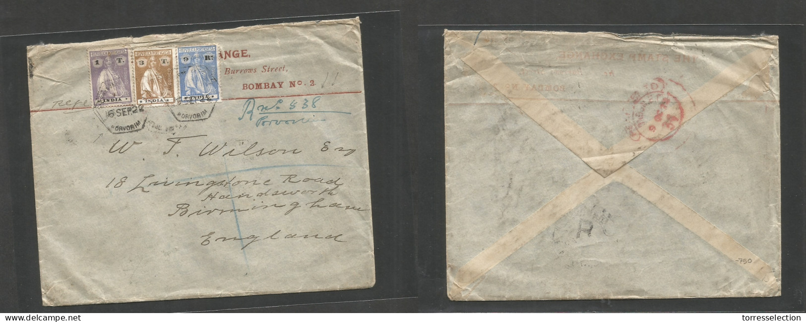 PORTUGAL-INDIA. 1922 (16 Sept) Porvorim - England, Birminghan Via London (9 Oct) Registered Multifkd Ceres Issue Tricolo - Autres & Non Classés