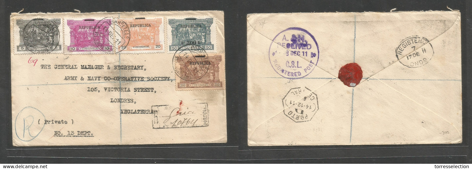 Portugal - XX. 1911 (14 Dec) Vila Nova De Gaya - England, London (18 Dec) Via Lisbon Republic Comm. Usage On Registered  - Autres & Non Classés