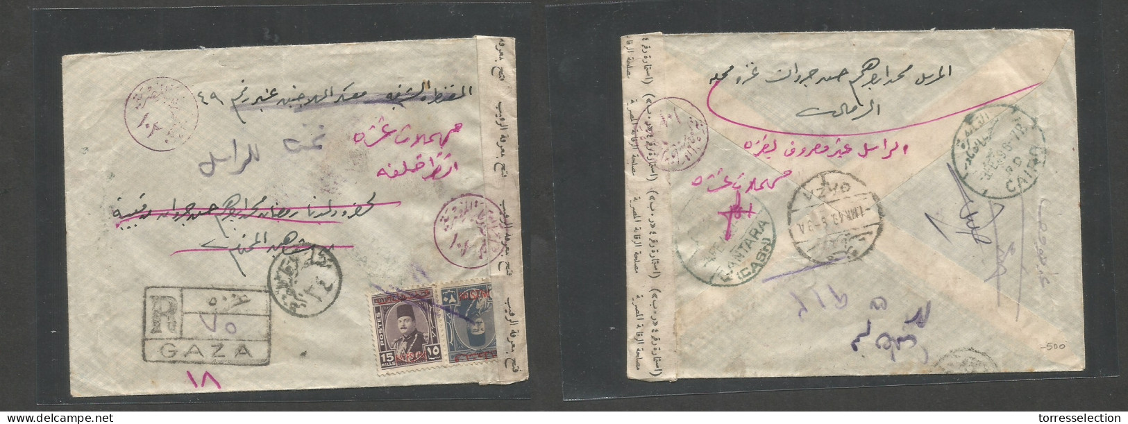 PALESTINE. 1949 (1 March) Gaza - Cairo - Antara (4 Febr) Registered Censored Multifkd Envelope, Red Overprinted Issue, T - Palestine