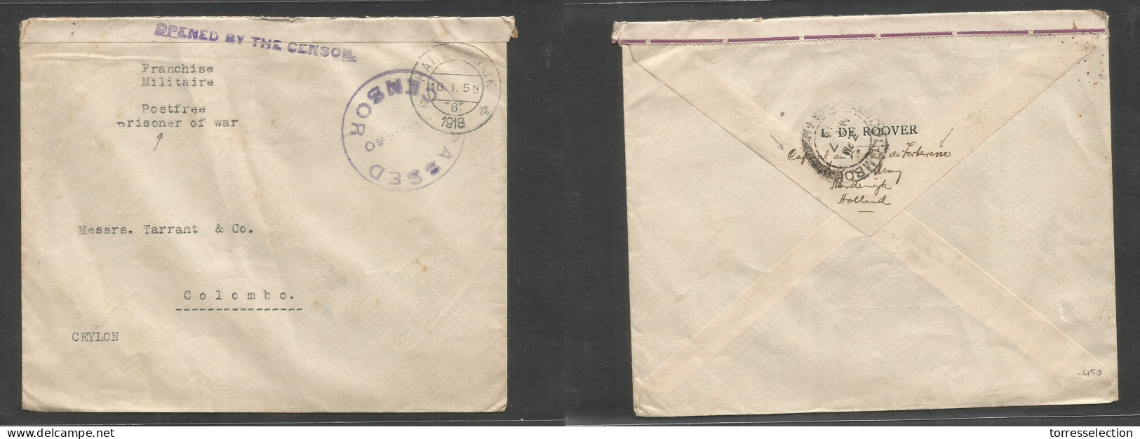 NETHERLANDS. 1918 (16 Jan) Netherlands - Belgium - Ceylon. POW WWI Mail. Hardenwijk - Colombo, Ceylon (7 March) FM Inter - Autres & Non Classés