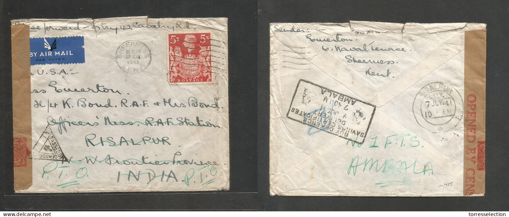 Great Britain - XX. 1941 (30 May) Sheekness, Kent - India, Risalpur, North West Frontier (7 July) Single 5sh Red Airmail - ...-1840 Préphilatélie