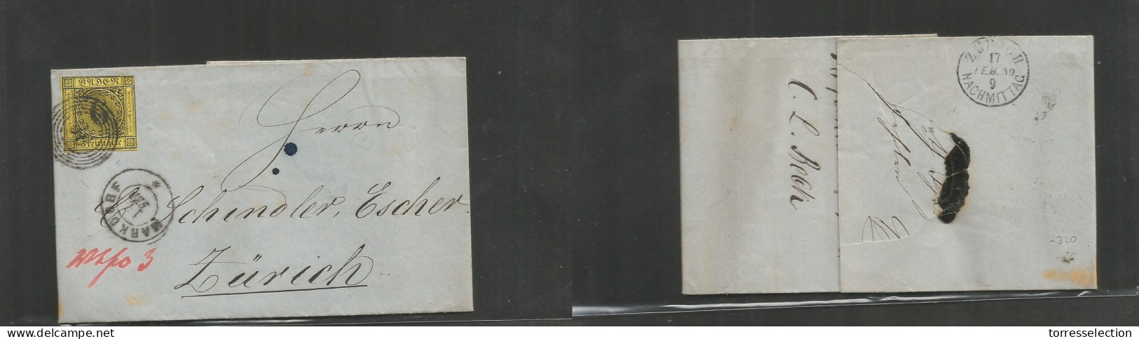 GERMAN STATES-BADEN. 1859 (15 Feb) Harkdorf - Switzerland, Zurich (17 Feb) EL With Text Fkd Single 6 Gr, Tied Rings Numb - Other & Unclassified