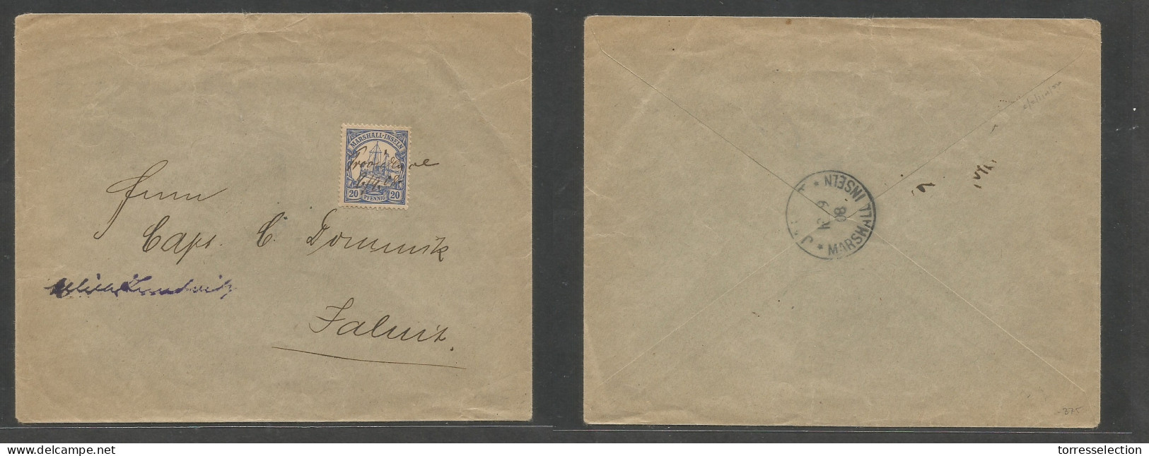 GERMAN COL-MARSHALL ISLANDS. 1909 (9 Sept) Providence - Jaluit (18 Sept) Local 20 Pf Blue Fkd Env, Tied Manuscript Date  - Andere & Zonder Classificatie