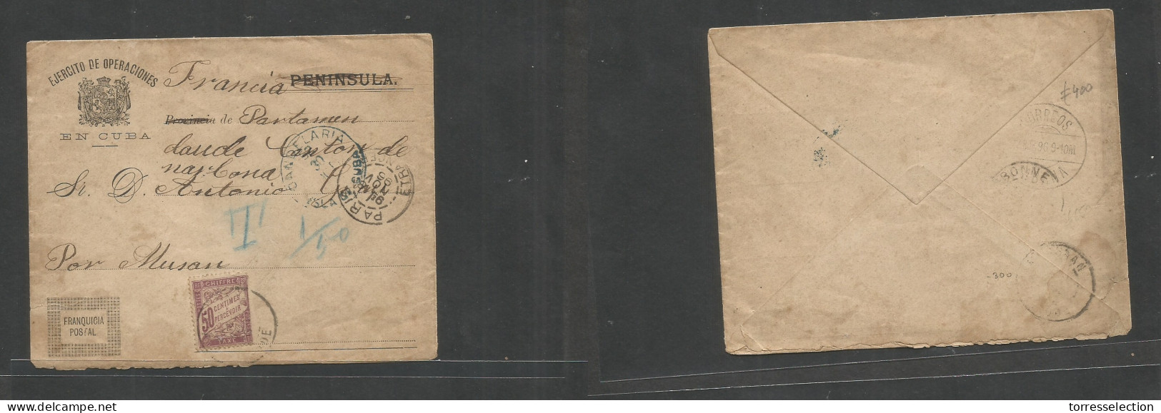 CUBA. 1895 (30 Oct) Correo Militar, Franquicia Postal. Sobre Impreso Candelaria - Francia, Narbonne (9-11 Nov) Sobre Tas - Autres & Non Classés