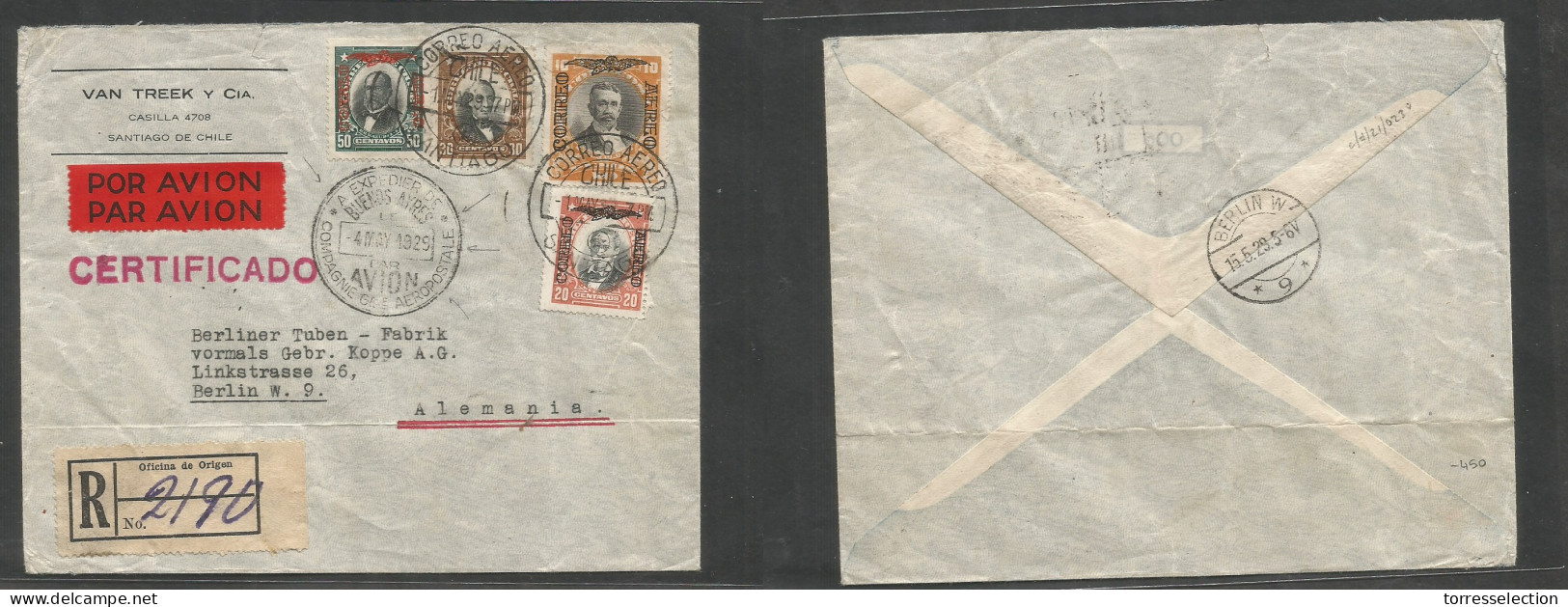 Chile - XX. 1929 (1 May) Stgo - Germany, Berlin (15 May) Registered Air Multifkd Env Via French Acropostale, With Specia - Chile