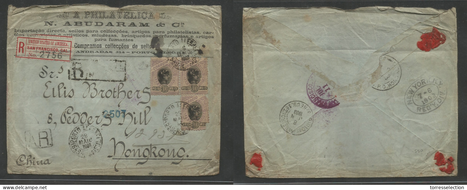 Brazil - XX. 1908 (28 May) Porto Alegre - Hong Kong, China, Asia. Registered AR Multifkd Envelope At 2100 Reis Rate Via  - Autres & Non Classés