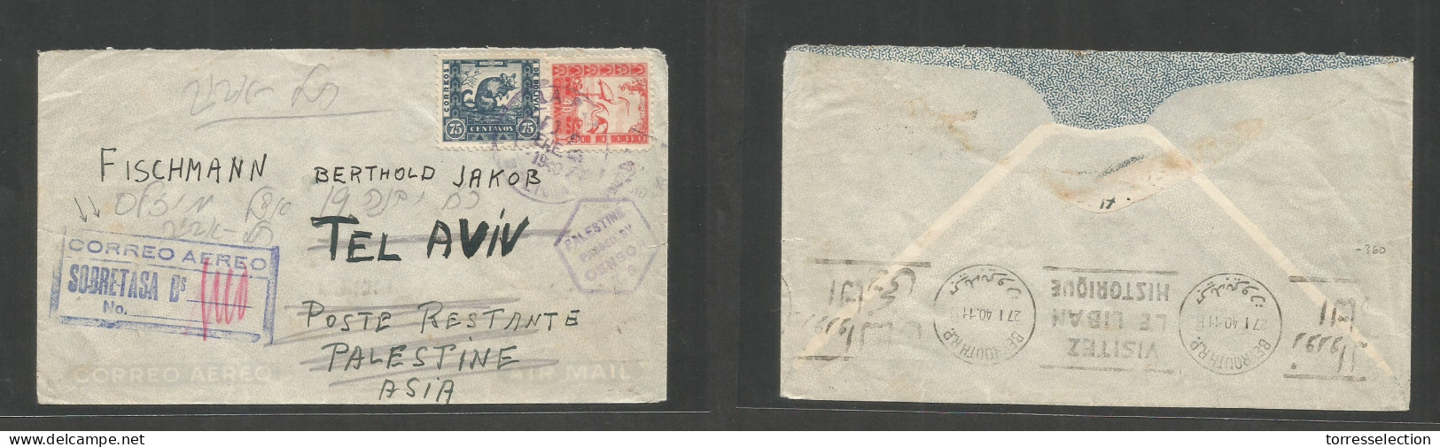 BOLIVIA. 1940 (12 Jan) La Paz - Palestine, Tel Aviv. Air Multifkd Envelope, Tied Cd + Taxed For Airmail Usage, Special V - Bolivie
