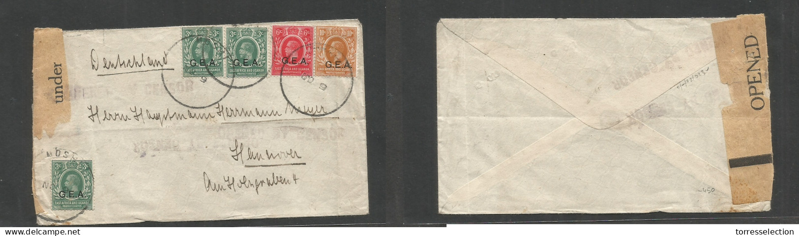 BC - East Africa. C. 1915-6. GEA - V. Provisional Cancel Usage. Multifkd WWI Censored Envelope To Hannover, Germany At 2 - Autres & Non Classés