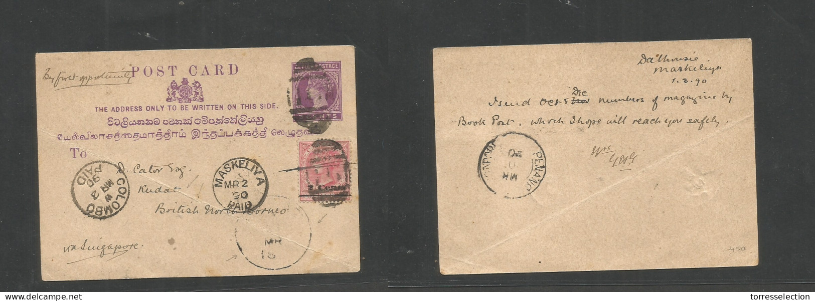 BC - Ceylon. 1890 (1 March) Markeliya - Kudat, British North Borneo. Via Penang - Singapore (March 11) Arrival Cachet Cd - Sonstige & Ohne Zuordnung