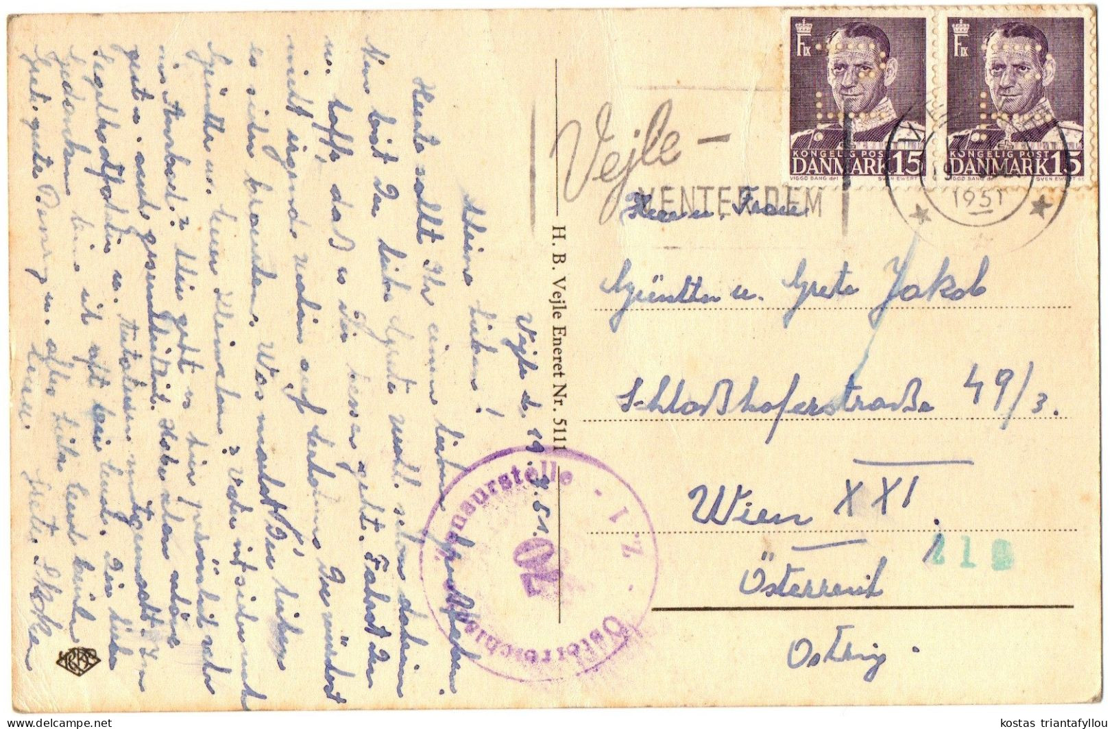 1.17.1 DENMARK, VEIJLE, UDSIGT OVER VEJLE FJORD SET MOD OST, 1951, POSTCARD - Dänemark