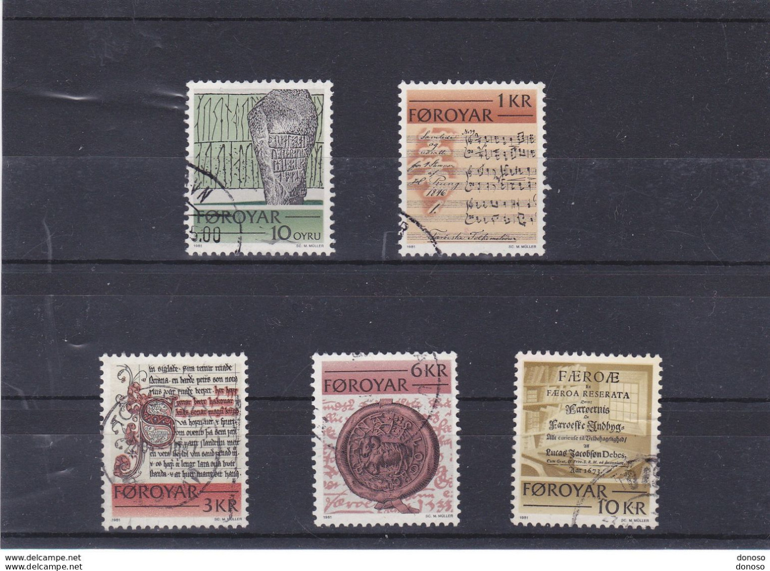 FEROE 1981 écrits Historiques, Pierre Runique, Sceau, Manuscrit Yvert 59-63, Michel 65-69 Oblitérés, VFU Cote 9 Euros - Féroé (Iles)