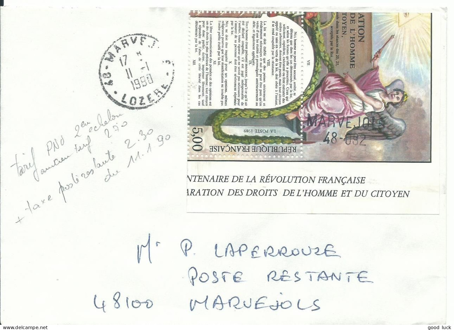 FRANCE LETTRE  5F MARVEJOLS POUR MARVEJOLS ( LOZERE ) DE 1990  LETTRE COVER - 1961-....
