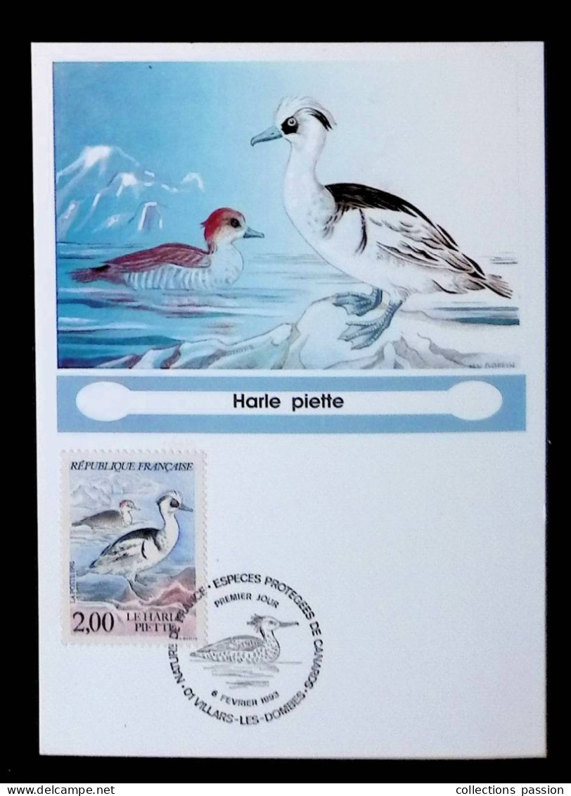 CL, Carte Maximum, 6 Février 1993, 01 Villars Les Dombes, Nature De France, Espéces Protégées De Canards,  Harle Piette - 1990-1999