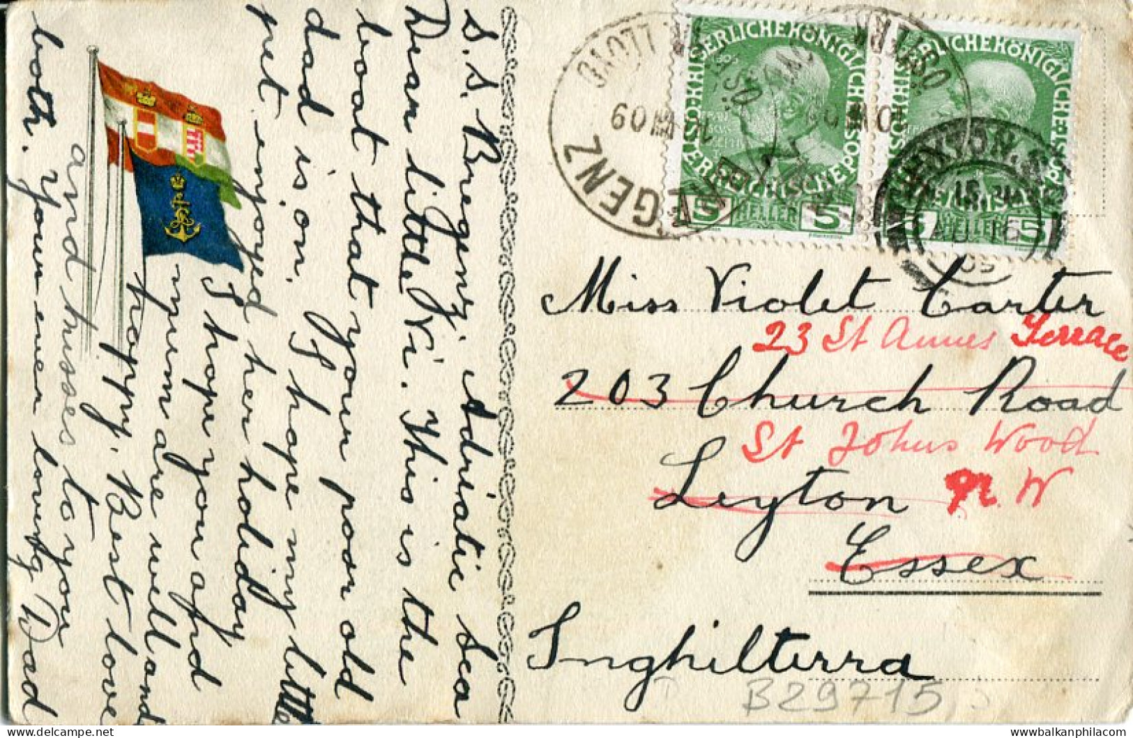 1909 Austria Lloyd SS Bregenz Postcard To London - Brieven En Documenten