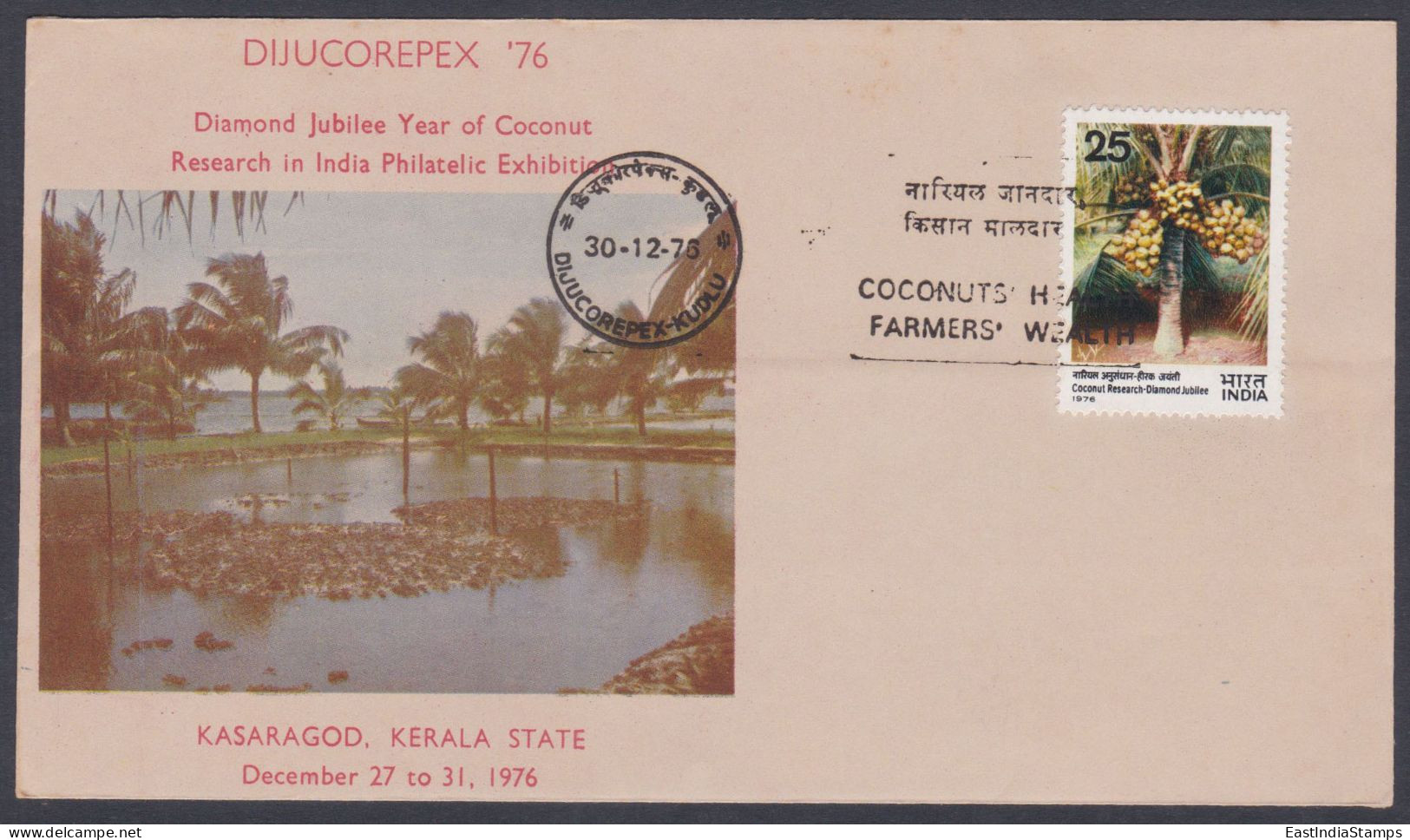 Inde India 1976 Special Cover Dijucorpex, Stamp Exhibition, Coconut Tree, Trees, Coir, Kerala, Pictorial Postmark - Lettres & Documents