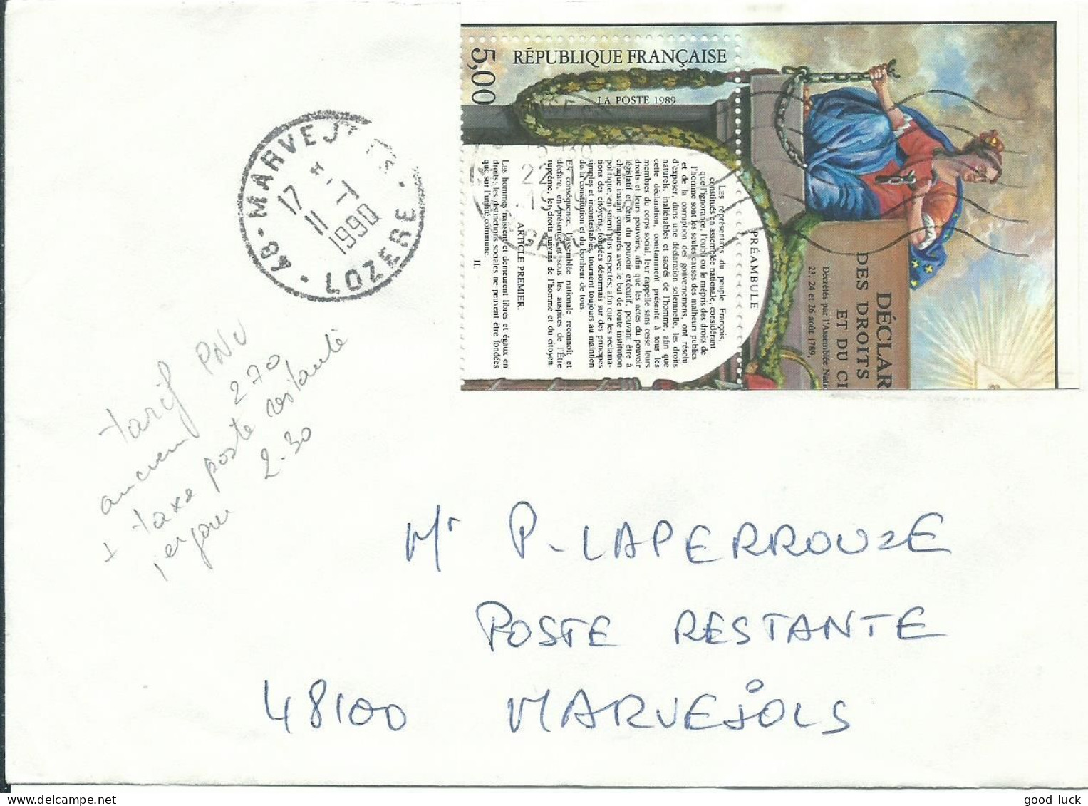 FRANCE LETTRE  5F TOULOUSE ( HAUTE GARONNE ) POUR MARVEJOLS ( LOZERE ) DE 1989  LETTRE COVER - 1961-....
