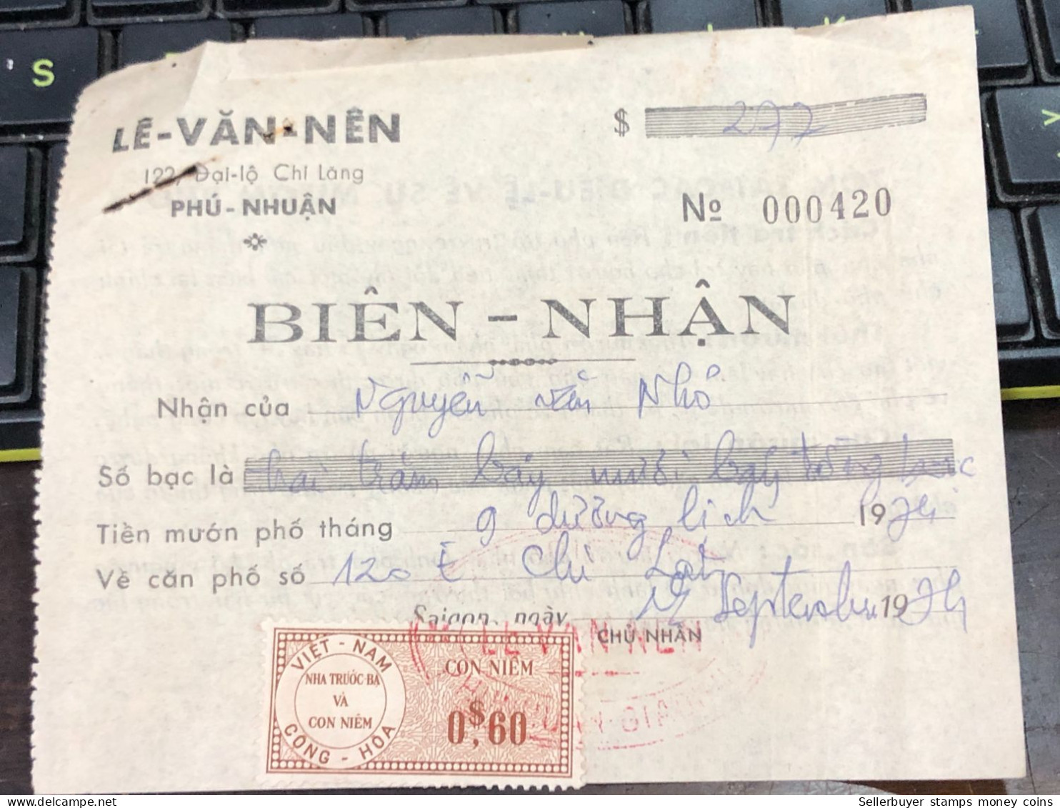Viet Nam Suoth Old Bank Receipt(have Wedge  0$60 Year 1971) PAPER QUALITY:GOOD 1-PCS - Collections