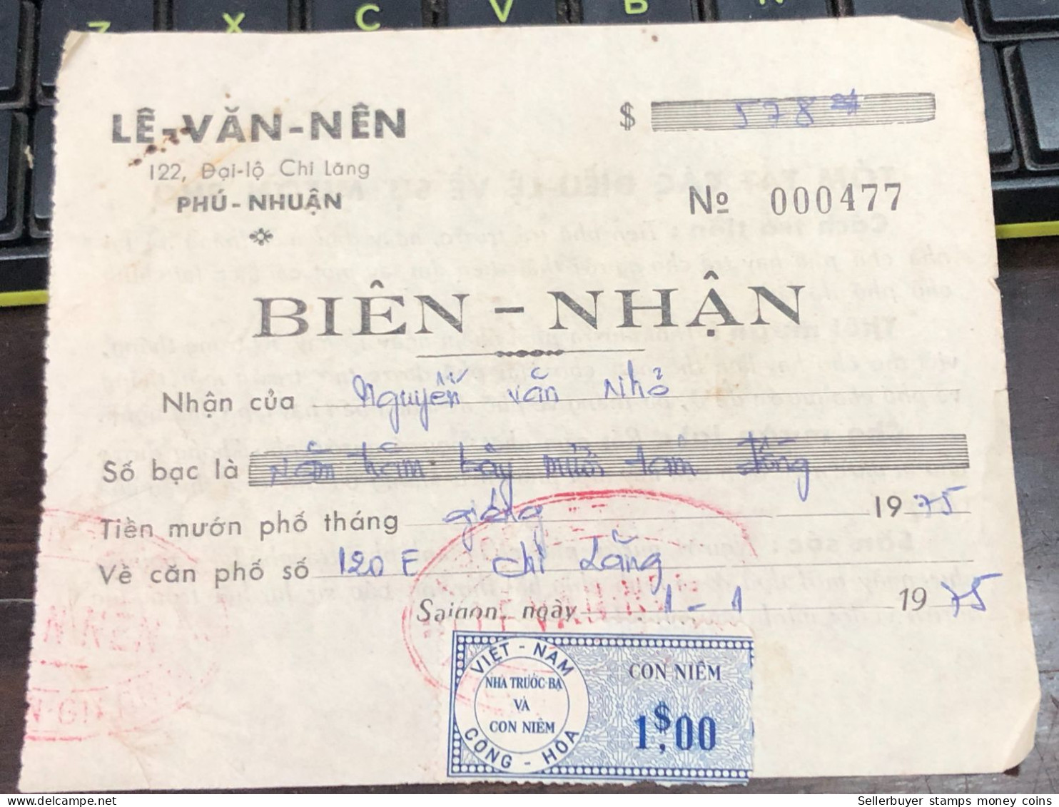 Viet Nam Suoth Old Bank Receipt(have Wedge  1$ Year 1975) PAPER QUALITY:GOOD 1-PCS - Collections