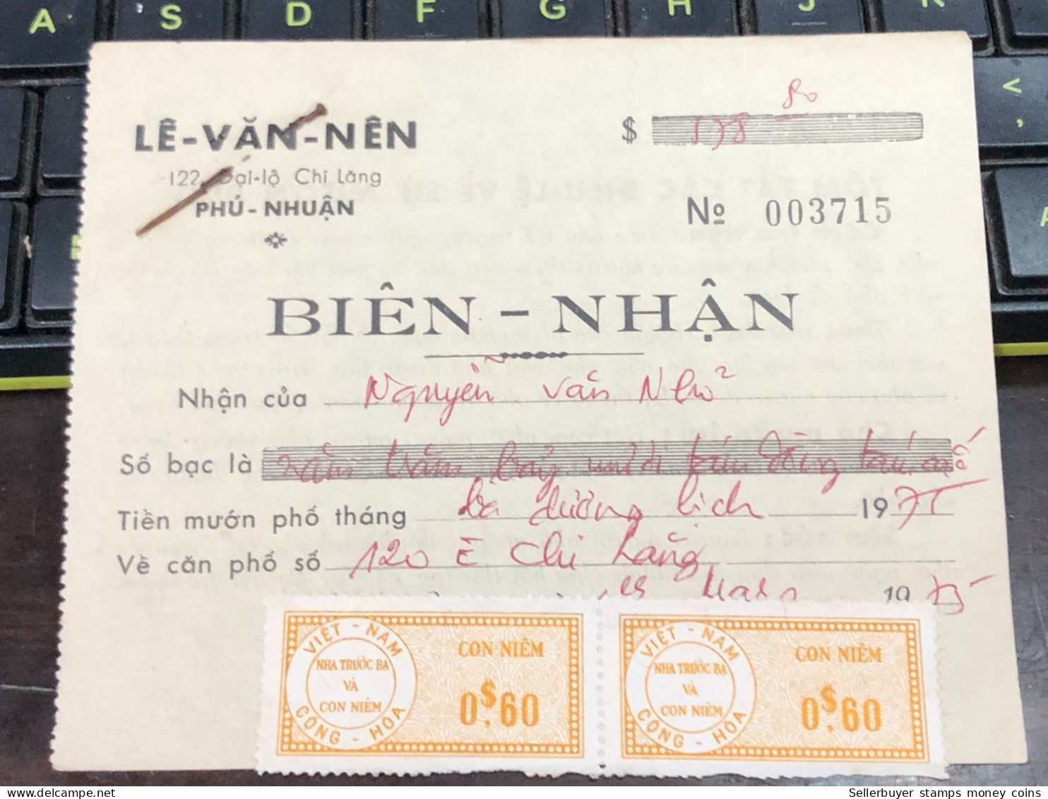 Viet Nam Suoth Old Bank Receipt(have Wedge  0$60 Year 1975) PAPER QUALITY:GOOD 1-PCS - Sammlungen