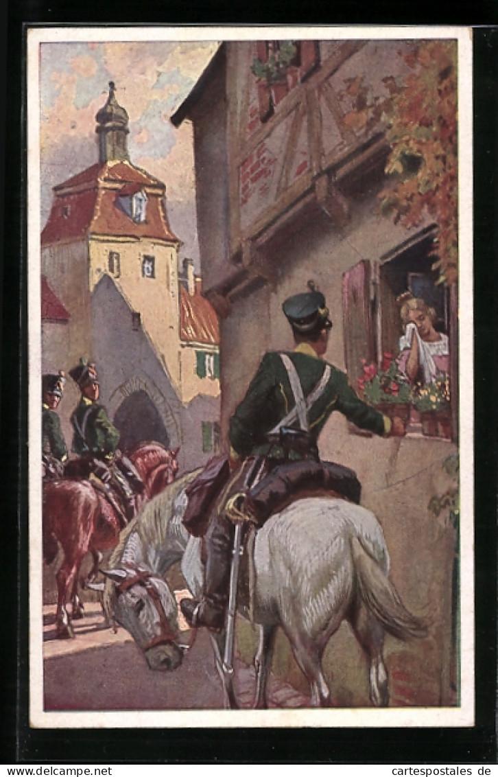 Künstler-AK Paul Hey: Frau Steht Weinend Am Fenster, Soldaten Reiten Ins Feld  - Hey, Paul