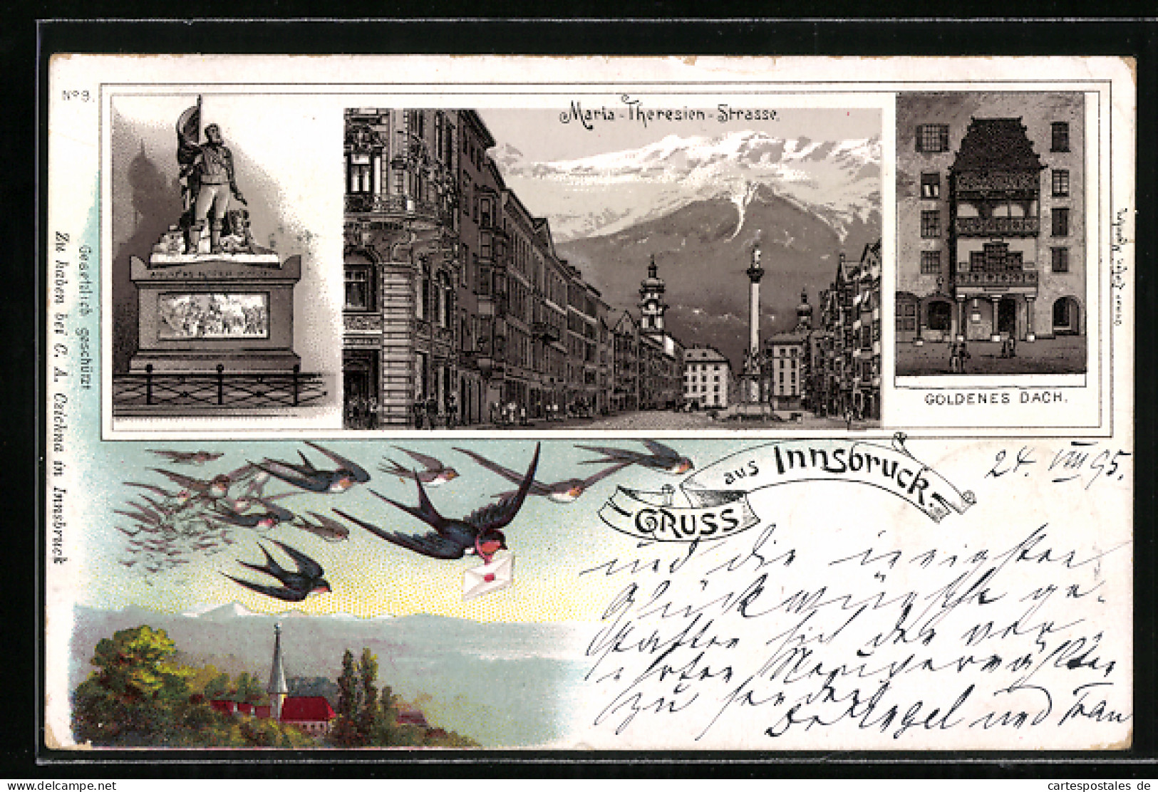 Vorläufer-Lithographie Innsbruck, 1895, Maria-Theresien-Strasse, Goldenes Dach, Schwalben Bringen Briefe  - Andere & Zonder Classificatie