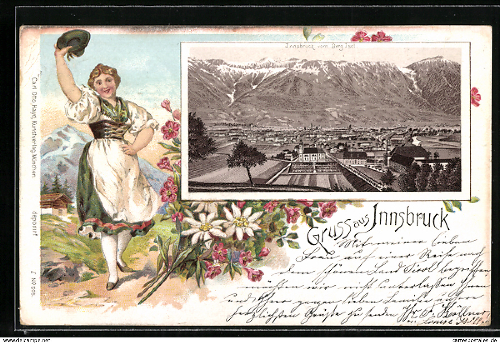 Vorläufer-Lithographie Innsbruck, 1895, Stadtansicht Gegen Berg Isel, Frau In Tracht  - Autres & Non Classés