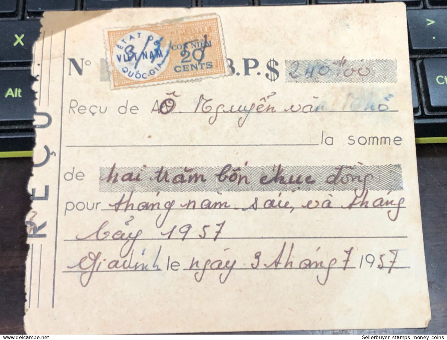 Viet Nam Suoth Old Bank Receipt(have Wedge  $20 Sents Year 1957) PAPER QUALITY:GOOD 1-PCS - Sammlungen